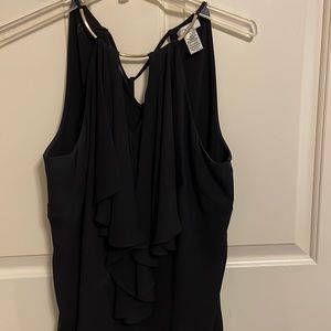 dressy, holiday top, silky feel, gold metal around neck,  ties in back
